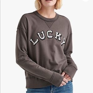 Lucky Brand Chenille “LUCKY” Crew Neck Gray Sweatshirt Size Small
